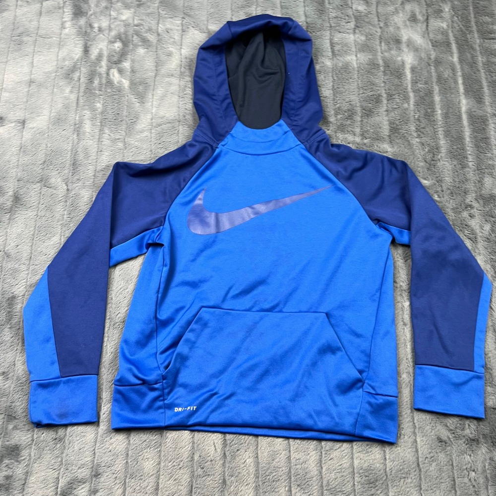 Nike Kids Dri-FIT Pullover Hoodie Blue Swoosh Athletic Sweatshirt Medium M
